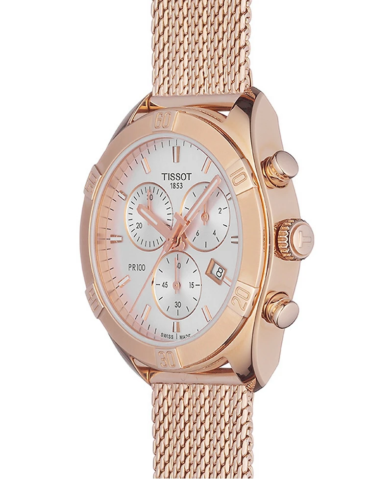 Tissot Women's Swiss Chronograph Pr 100 Sport Chic T-Classic Rose Gold-Tone Stainless Steel Mesh Bracelet Watch 38mm