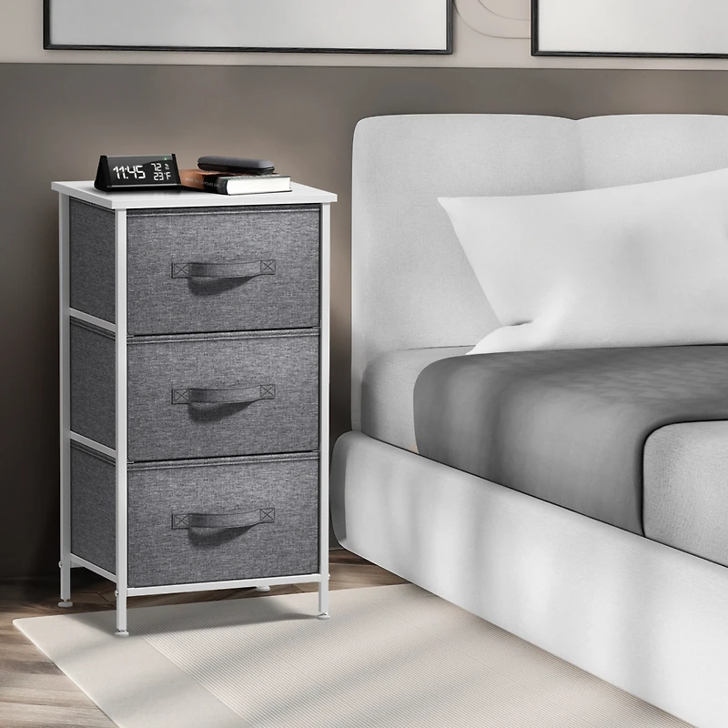 Sorbus Nightstand with 3 Drawers - Steel Frame, Wood Top & Easy Pull Fabric Bins - Perfect for Home, Bedroom, Office & College Dorm