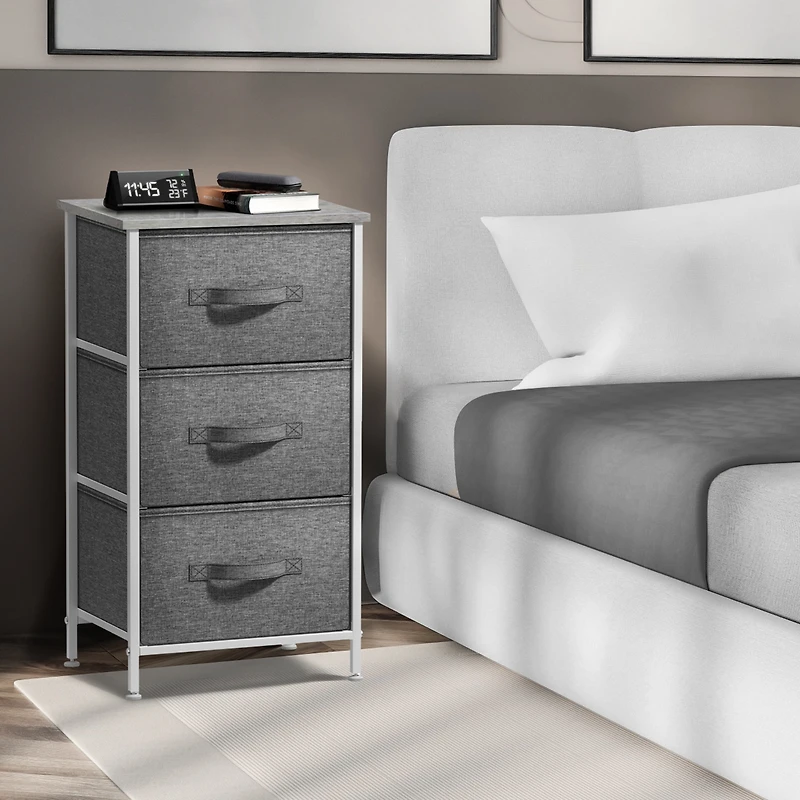 Sorbus Nightstand with 3 Drawers - Steel Frame, Wood Top & Easy Pull Fabric Bins Perfect for Home, Bedroom, Office College Dorm