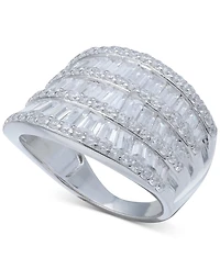 Cubic Zirconia Three Row Baguette Statement Ring Sterling Silver