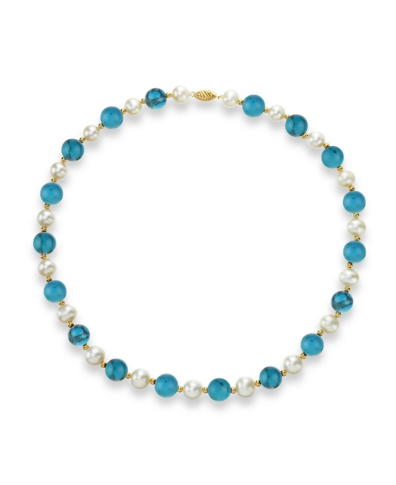 White Freshwater Cultured Pearl (9-9.5mm) with Turquoise Howlite (10mm), and Gold Beads (3mm) 18" Necklace in 14k Yellow Gold