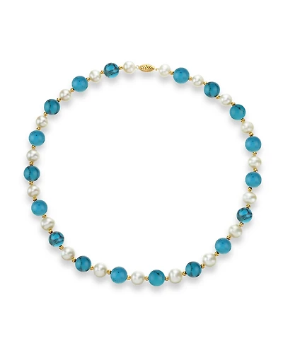 White Freshwater Cultured Pearl (9-9.5mm) with Turquoise Howlite (10mm), and Gold Beads (3mm) 18" Necklace in 14k Yellow Gold
