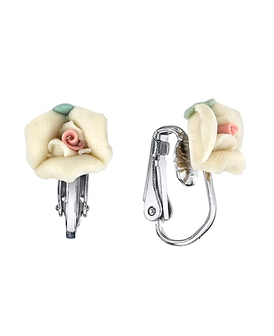 2028 Silver Tone Porcelain Rose Clip-on Earrings