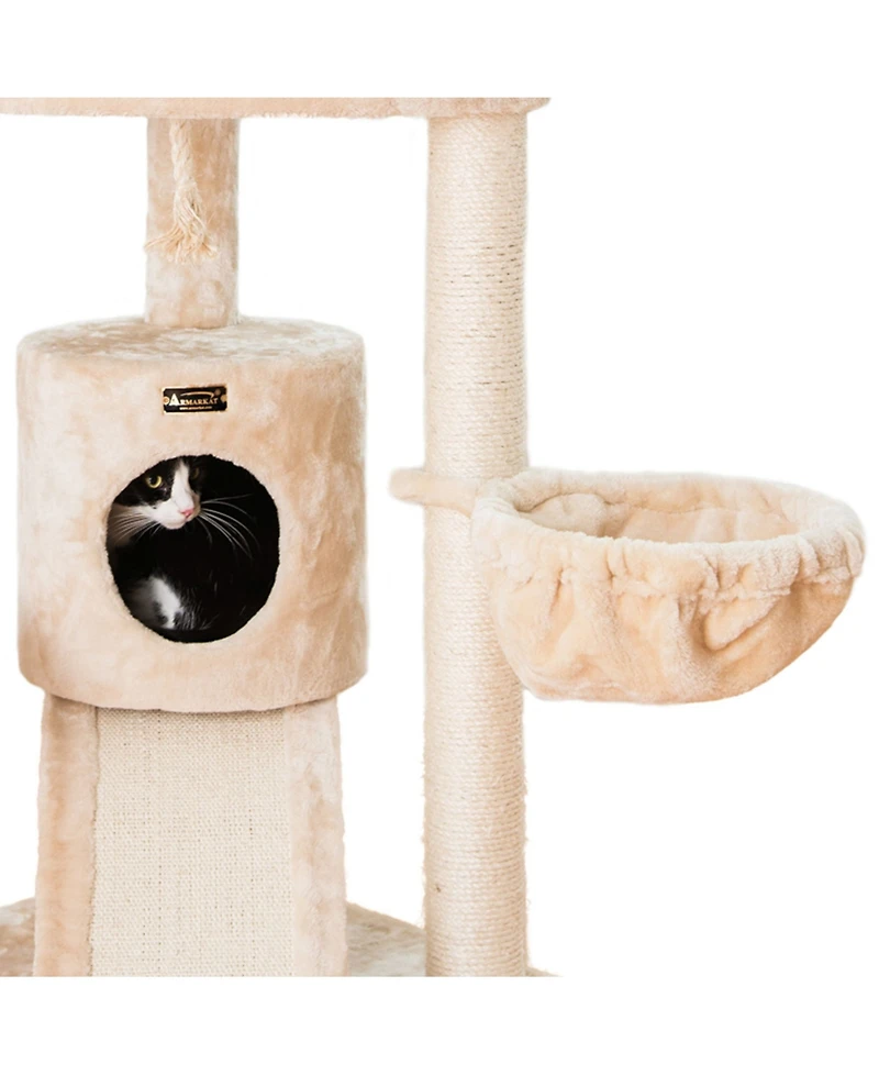 Armarkat Spacious Thick Fur Real Wood Cat Tower With Basket Lounge, Ramp, Beige Activity Center With Scratching Posts Stand House A5806