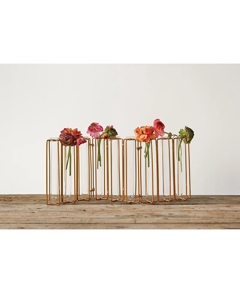 9 Tests Tube Vases in Metal Stand, Clear and Gold