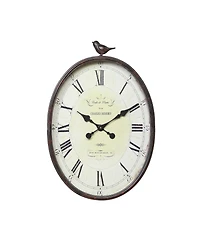 Oval Metal Wall Clock with Bird, Antique-Like Bronze