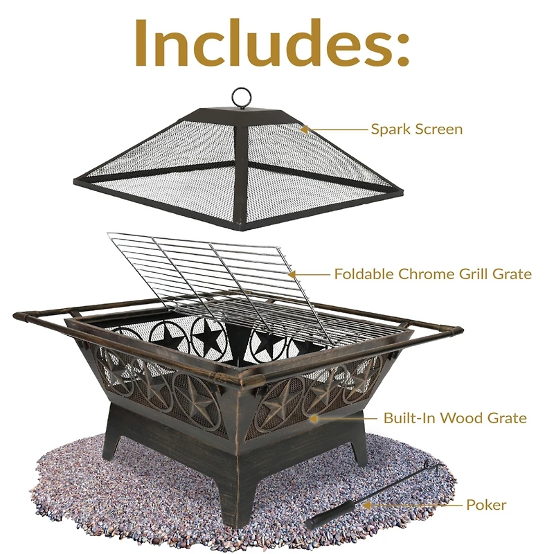 Outdoor Camping or Backyard Steel Northern Galaxy Fire Pit with Cooking Grill Grate, Spark Screen, and Log Poker - 32"
