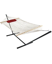 Cotton Rope Freestanding Hammock with Spreader Bar Portable Steel Stand and Pad Pillow Set - 12'