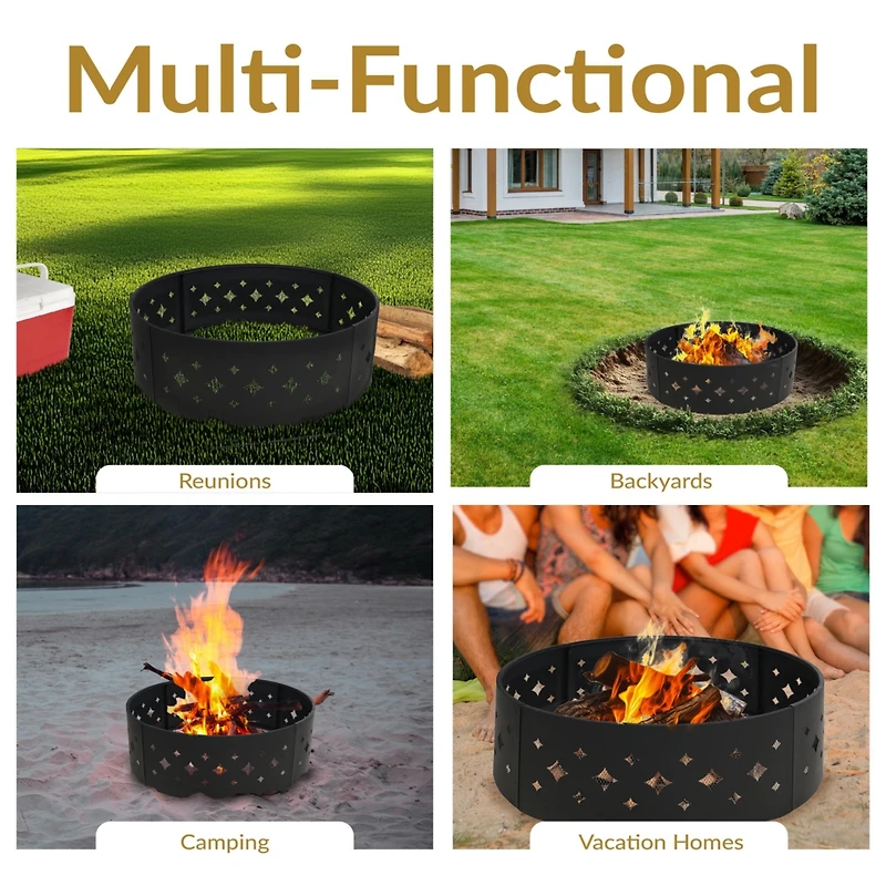 Outdoor Heavy-Duty Steel Portable Large Round Diamond Cut Out Fire Pit Ring with Log Poker - 36" - Black