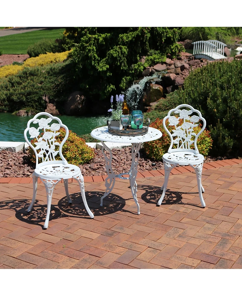 Flower Design Cast Aluminum Bistro Set with Cast Iron Legs, White, 3pc