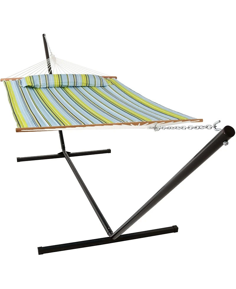 Outdoor 2-Person Quilted Fabric Hammock with Spreader Bars and Freestanding Stand