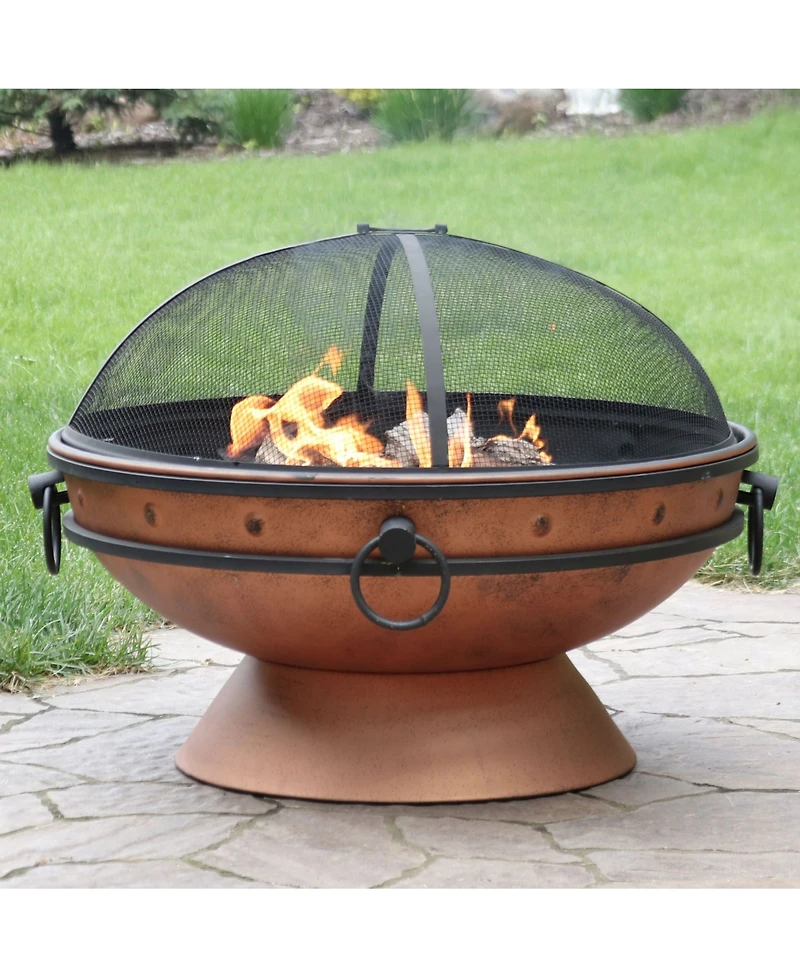 Outdoor Camping or Backyard Large Round Fire Pit Bowl with Handles and Spark Screen - 30" - Copper Finish