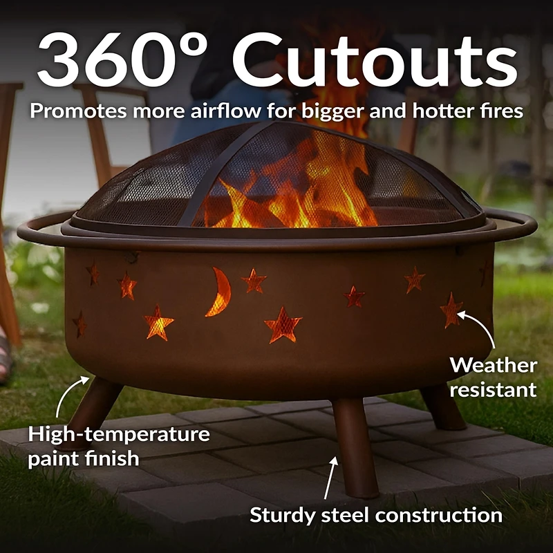 Outdoor Camping or Backyard Round Cosmic Stars and Moons Fire Pit with Cooking Grill Grate, Spark Screen, and Log Poker - 30"