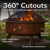 Outdoor Camping or Backyard Round Cosmic Stars and Moons Fire Pit with Cooking Grill Grate, Spark Screen, and Log Poker - 30"