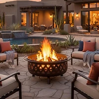 Outdoor Camping or Backyard Crossweave Cut Out Fire Pit with Spark Screen, Log Poker, and Metal Wood Grate - Bronze