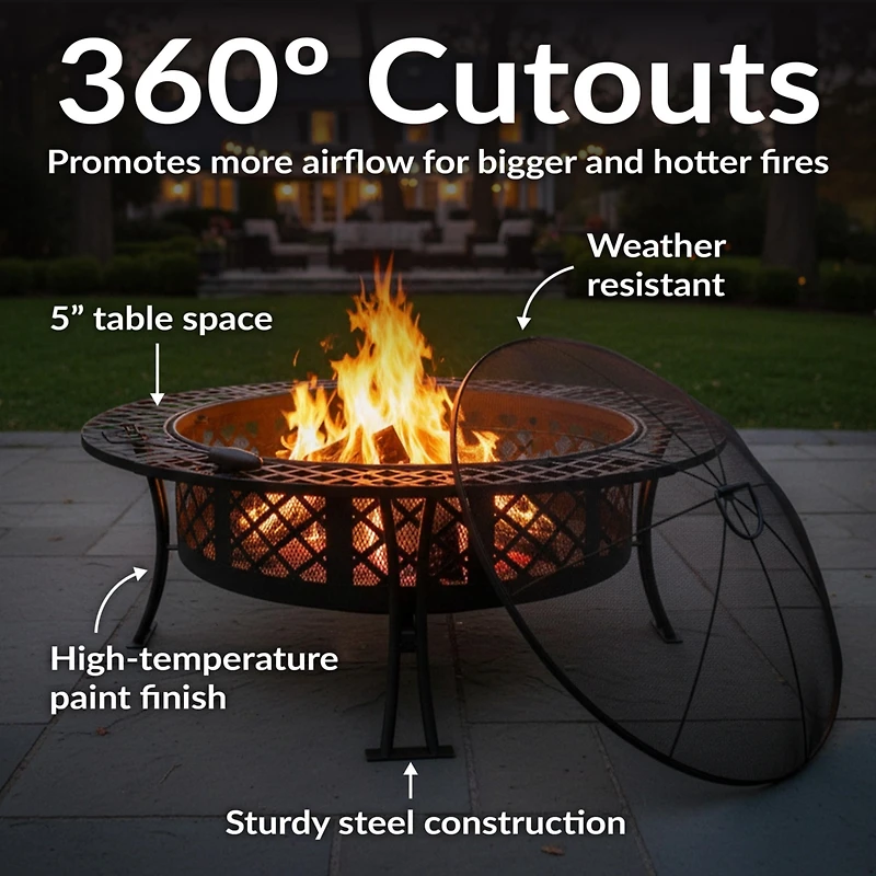 Outdoor Camping or Backyard Steel Diamond Weave Fire Pit Bowl with Spark Screen - 40" - Black
