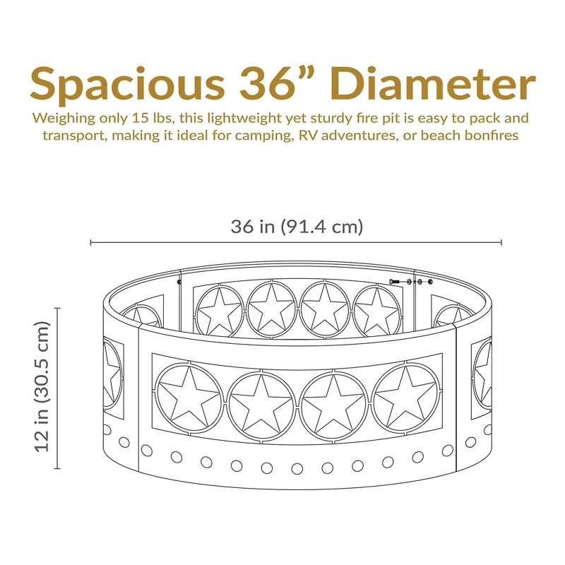 Outdoor Heavy-Duty Steel Portable Large Round Four Star Cut Out Fire Pit Ring - 36" - Black