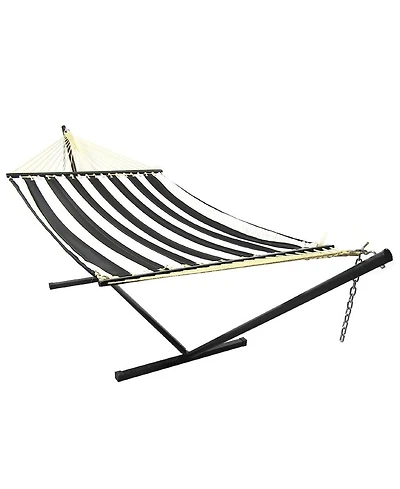 Outdoor 2-Person Quilted Fabric Hammock with Spreader Bars and Freestanding Stand