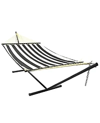 Outdoor 2-Person Quilted Fabric Hammock with Spreader Bars and Freestanding Stand