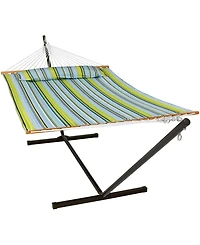 Outdoor 2-Person Quilted Fabric Hammock with Spreader Bars and Freestanding Stand