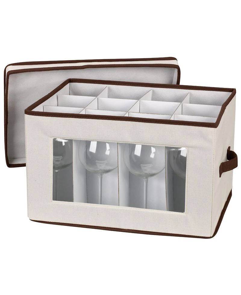 Household Essentials Wine Glass Storage Box, Windowed Panel and Handles, Cream