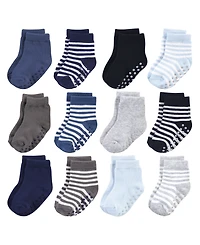 Touched by Nature Baby Boys Organic Cotton Socks with Non-Skid Gripper for Fall Resistance, Blue Black, 6-12 Months