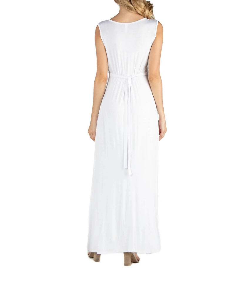 24seven Comfort Apparel V Neck Sleeveless Maternity Maxi Dress with Belt