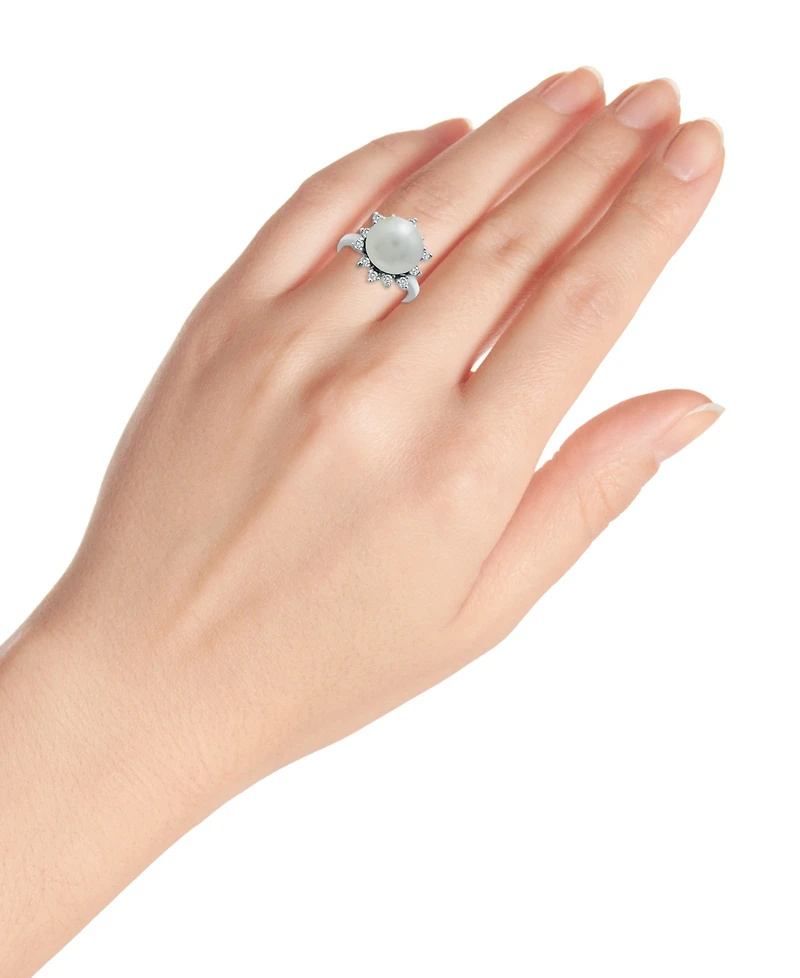 Imitation Pearl and Cubic Zirconia Halo Ring in Silver Plate