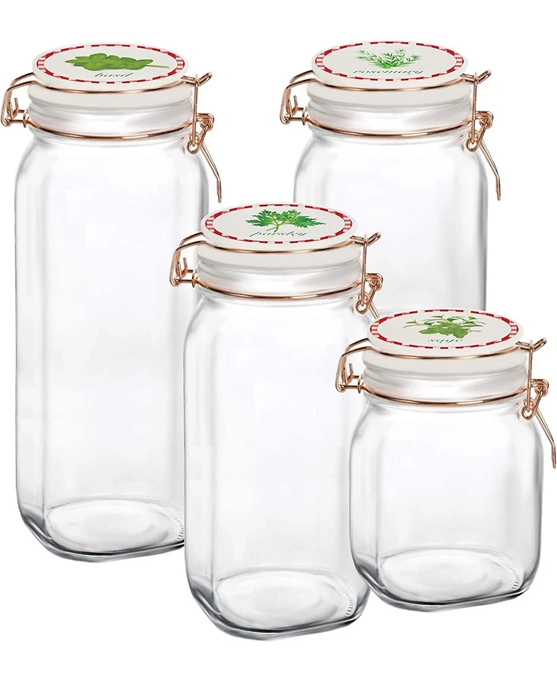 Circle Glass Canister with Herb Decal Ceramic Lid, Set of 4