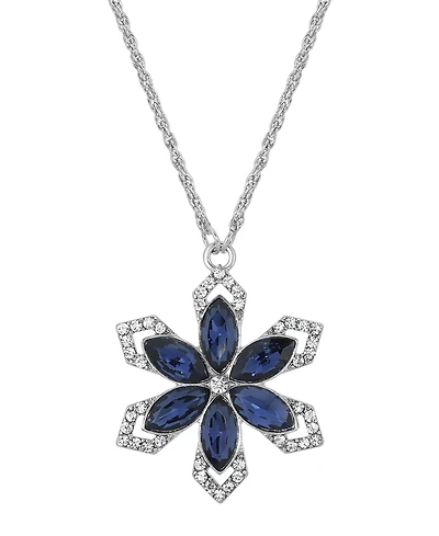 2028 Silver-Tone Sapphire Blue Color Stone with Crystals Flower 16" Adjustable Necklace