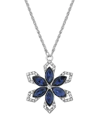 2028 Silver-Tone Sapphire Blue Color Stone with Crystals Flower 16" Adjustable Necklace