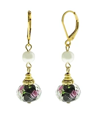 2028 Gold-Tone Imitation Pearl and Black Floral Drop Bead Earrings