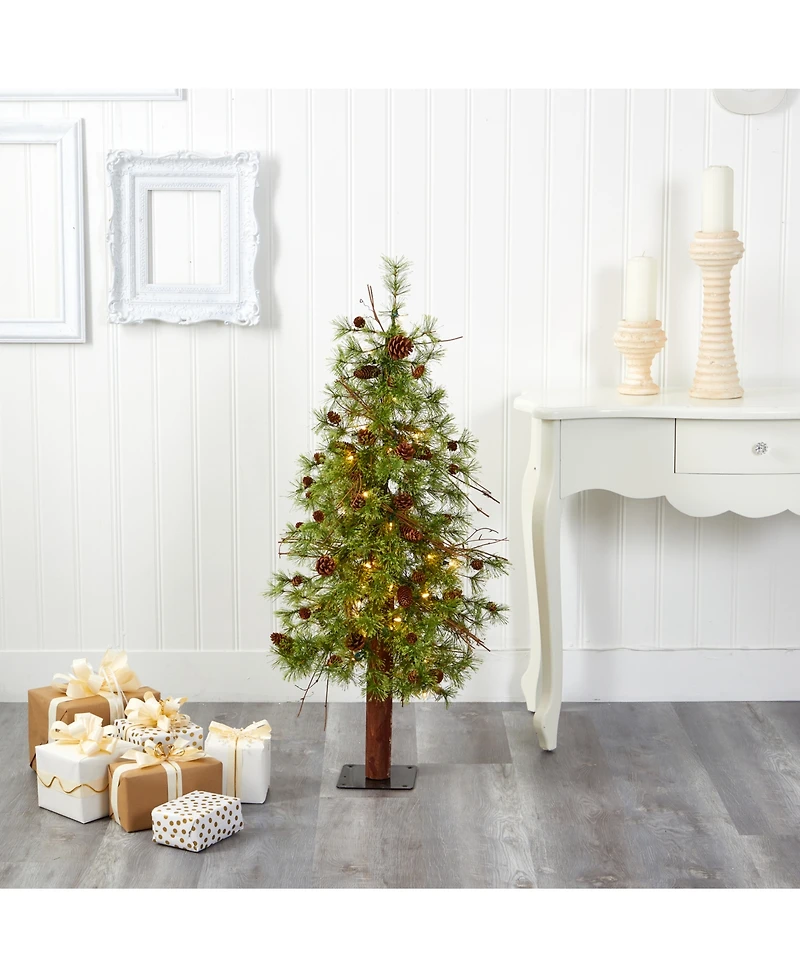 Nearly Natural Wyoming Alpine Artificial Christmas Tree with 50 Clear Multifunction Led Lights and Pine Cones On Natural Trunk