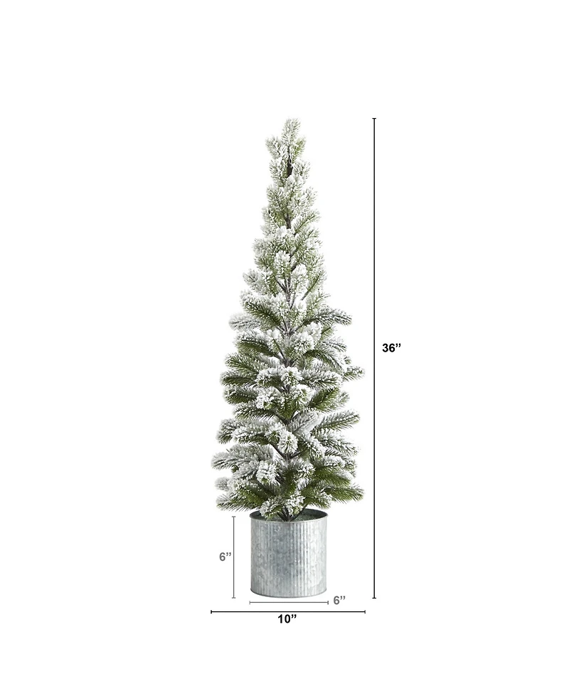 Nearly Natural Flocked Christmas Artificial Pine Tree in Tin Planter