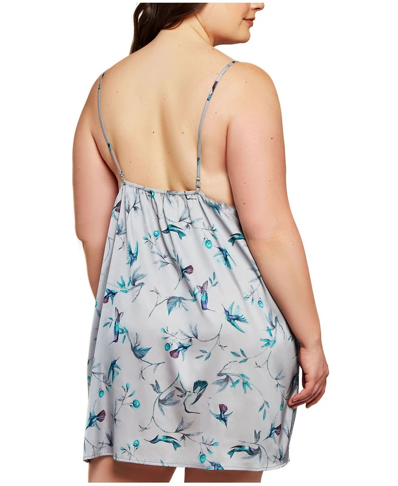 iCollection Women's Lace and Satin Hummingbird Print Chemise Lingerie