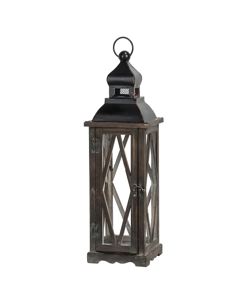 Glitzhome Set of 2  Black Farmhouse Wooden Lanterns With Diamond Window Frame