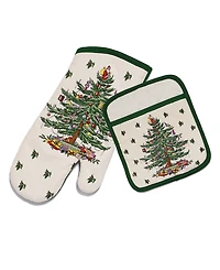 Spode Christams Tree Ivory/Green Pot Holder Ovenmit Set