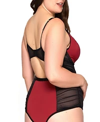 Women's Plus Mesh Rushed Bodysuit Lingerie with Applique and Contrast Panels