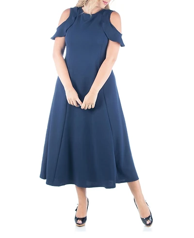 24seven Comfort Apparel Plus Ruffle Cold Shoulder A Line Maxi Dress