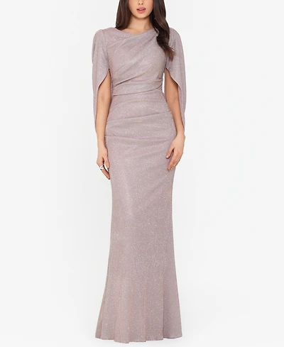 Betsy & Adam Glitter Drape-Back Cape Gown