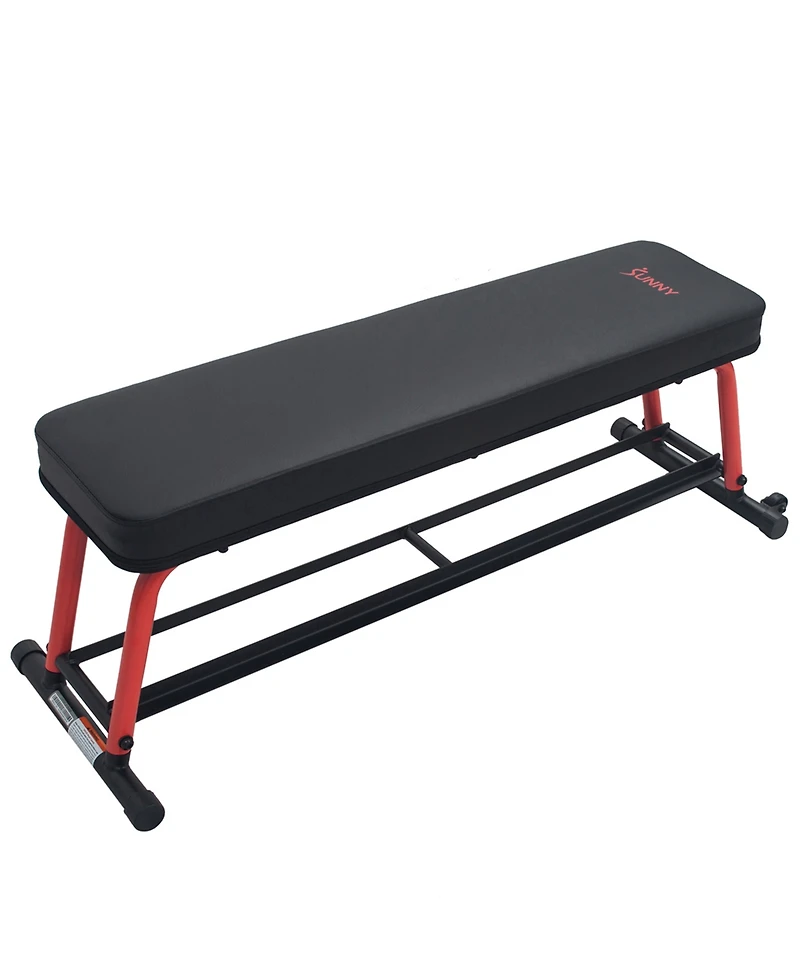 Sunny Health & Fitness Power Zone Strength Flat Bench with 550 lb Max Weight, Dumbbell Rack and Transport Wheels