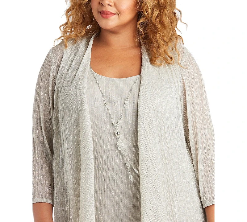 R & M Richards Plus 3-Pc. Metallic Jacket, Necklace Top Pants Set