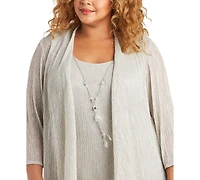 R & M Richards Plus 3-Pc. Metallic Jacket, Necklace Top Pants Set