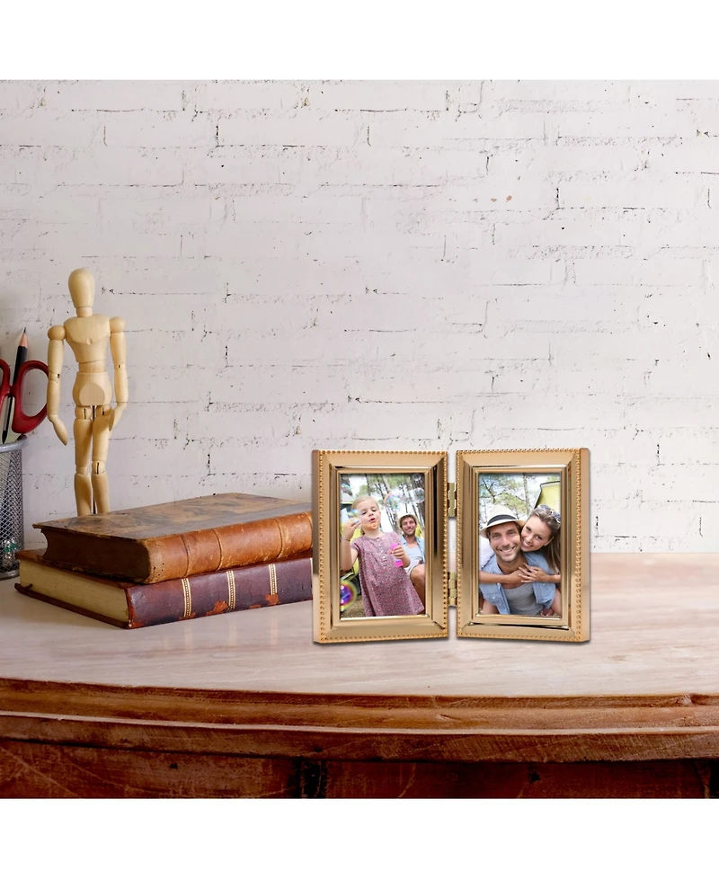 Polished Metal Hinged Double Picture Frame - Bead Border Design