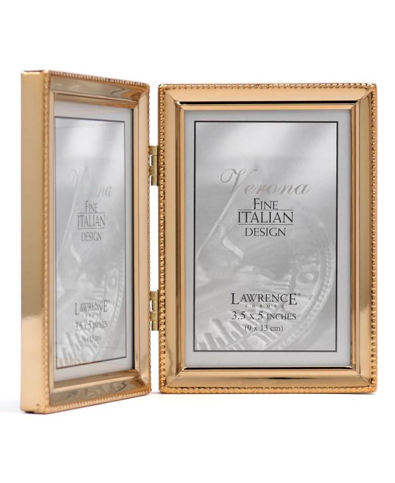Polished Metal Hinged Double Picture Frame - Bead Border Design, 3.5" x 5"