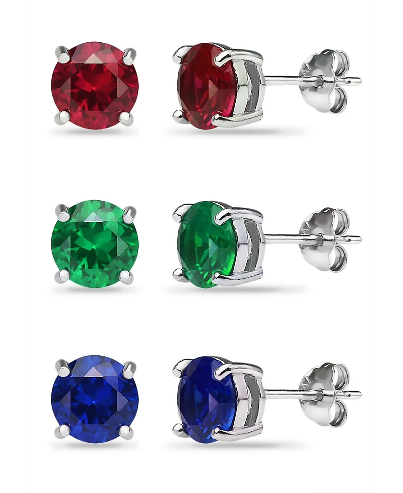 Giani Bernini Lab Grown Green Quartz, Lab Grown Ruby and Simulated Blue Sapphire Stud Earring Set, 3 Piece