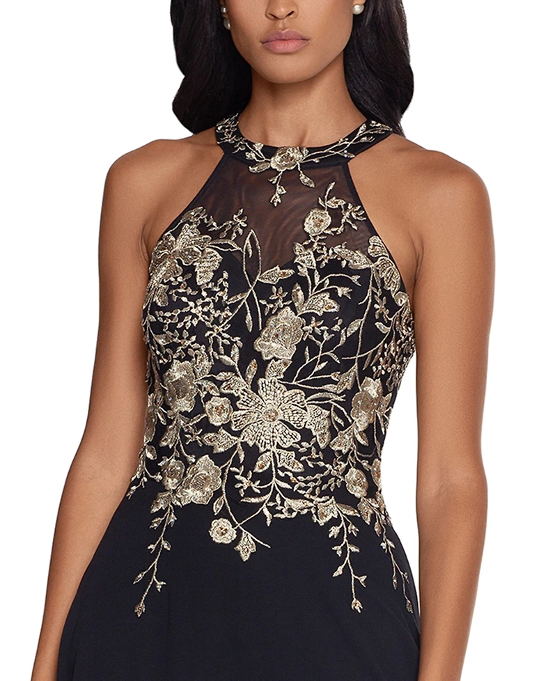 Betsy & Adam Embellished Chiffon Illusion Gown
