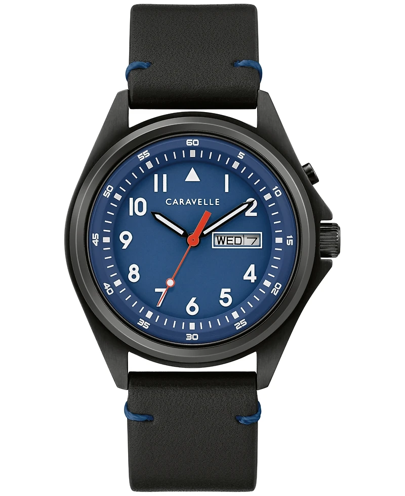 Caravelle Men's Traditional Black Leather Strap Watch 40mm