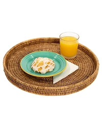 Artifacts Trading Company Rattan Round Serving-Ottoman Tray with Glass Insert