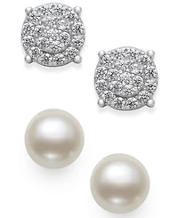 2-Pc. Set Cultured Freshwater Pearl (7mm) & Cubic Zirconia Stud Earrings in Sterling Silver
